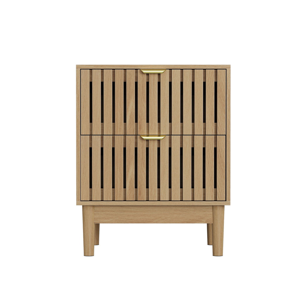 Bedside Table With Grille Design And 2 Drawers, Side Table For Bedroom - Oak