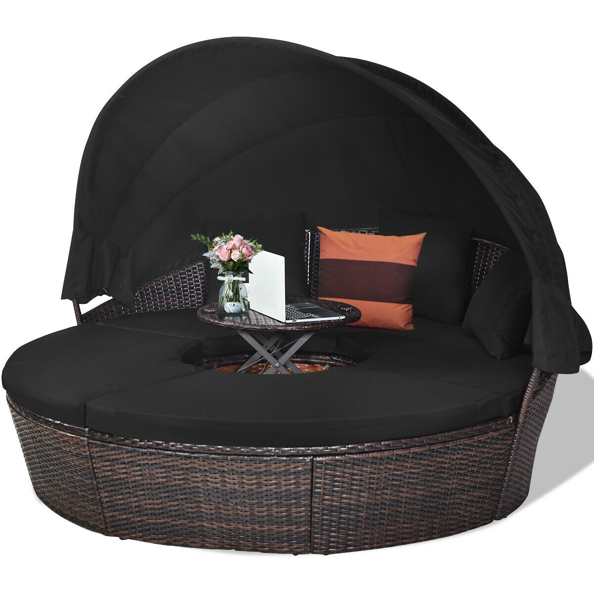 Patio Round Daybed Rattan Furniture Sets with Canopy