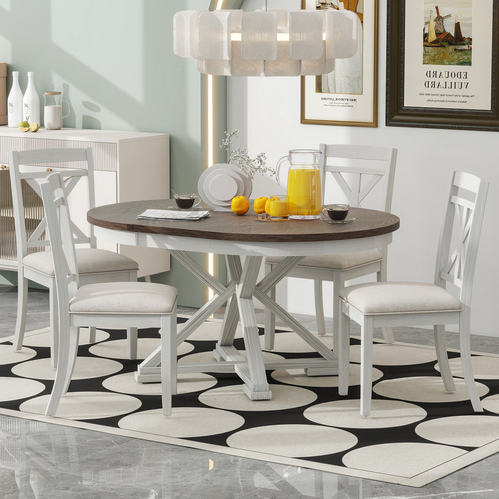 Dining Set With Extendable Round Table And 4 Upholstered Chairs