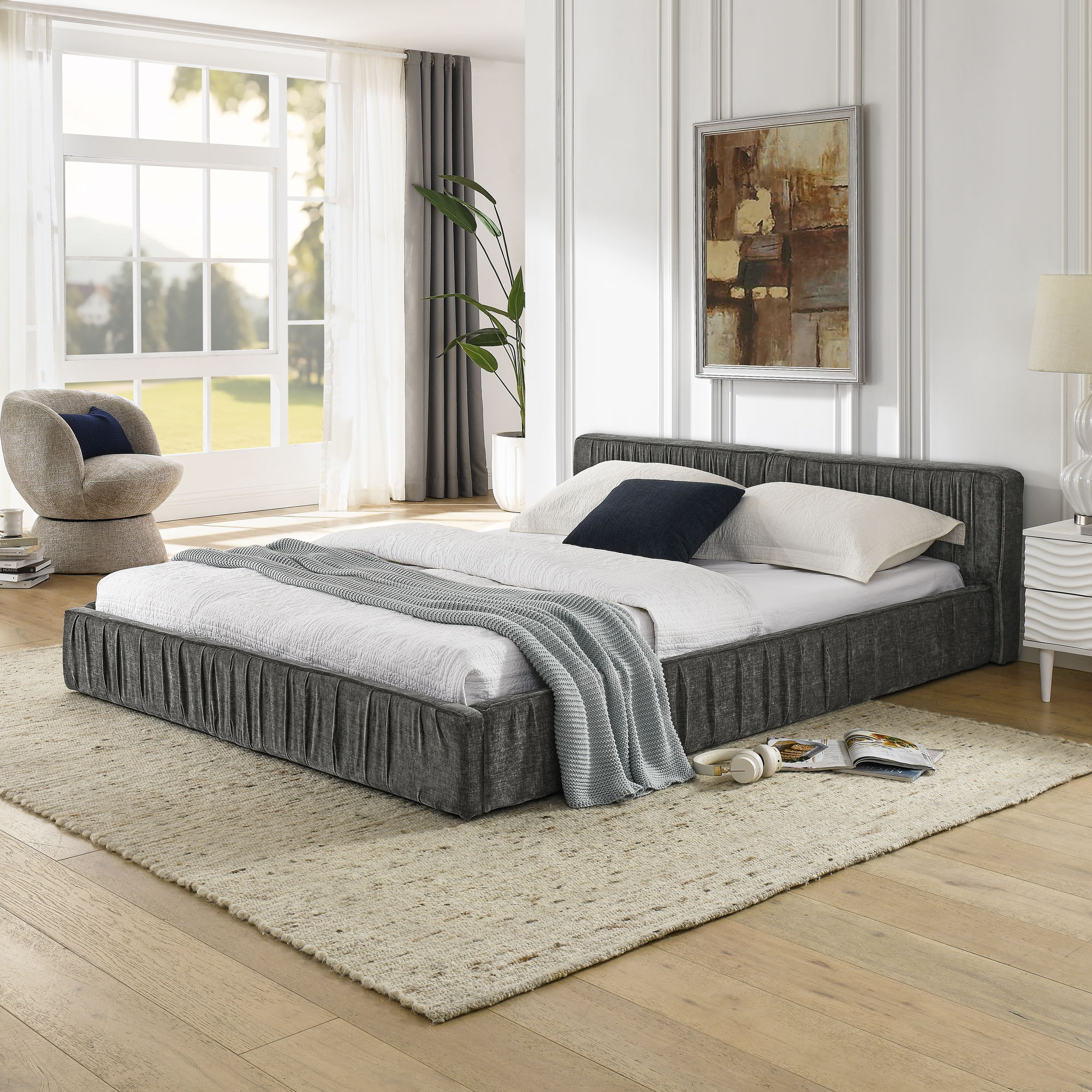 Modern Upholstered Platform Bed Frame With Pleated Design