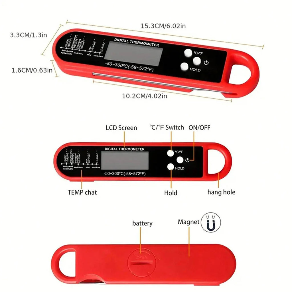 Digital Backlit Folding BBQ Kitchen Thermometer | Instant Read Meat Thermometer