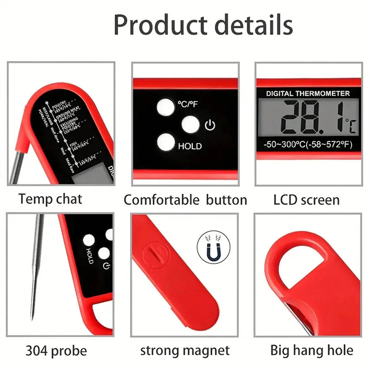 Digital Backlit Folding BBQ Kitchen Thermometer | Instant Read Meat Thermometer