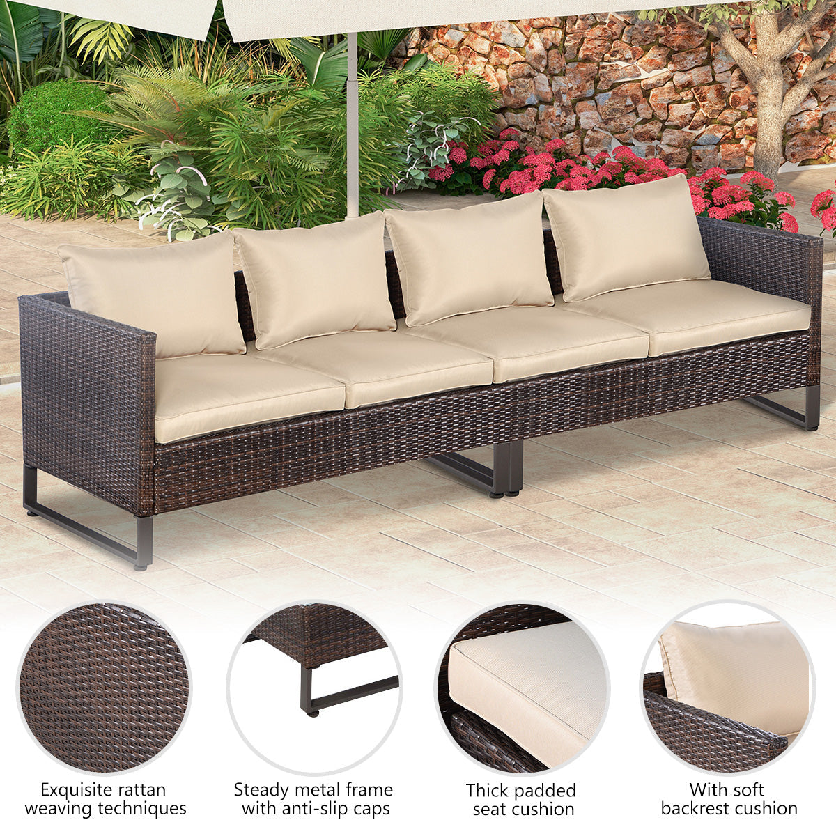2 Pieces Patio Furniture Sofa Set with Cushions and Sofa Clips