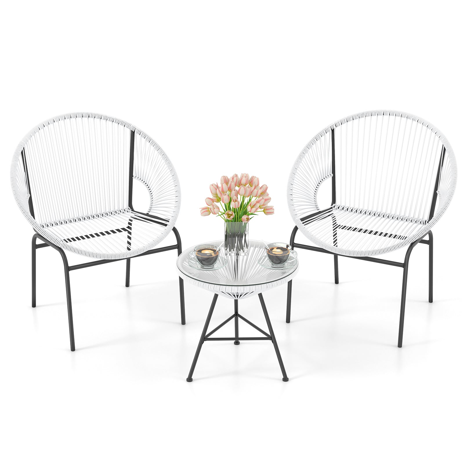 3PCS Patio Acapulco Furniture Bistro Set with GlassTable-Black