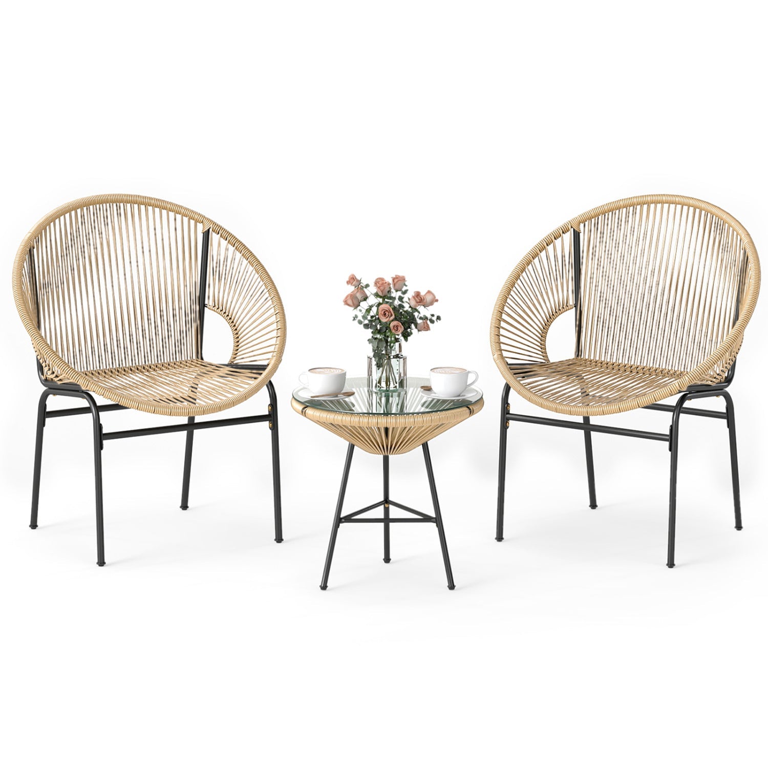 3PCS Patio Acapulco Furniture Bistro Set with GlassTable-Black
