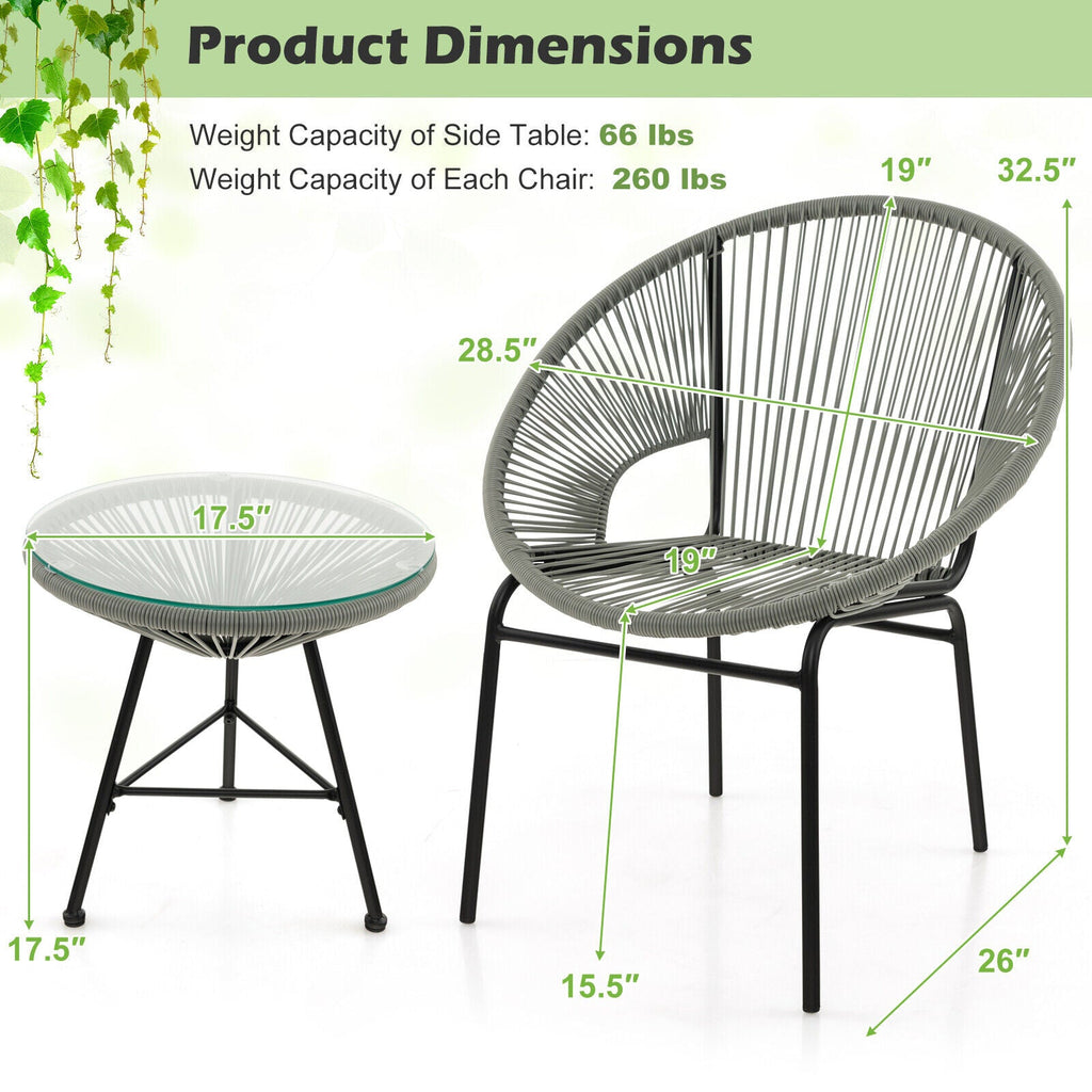 3PCS Patio Acapulco Furniture Bistro Set with GlassTable-Black
