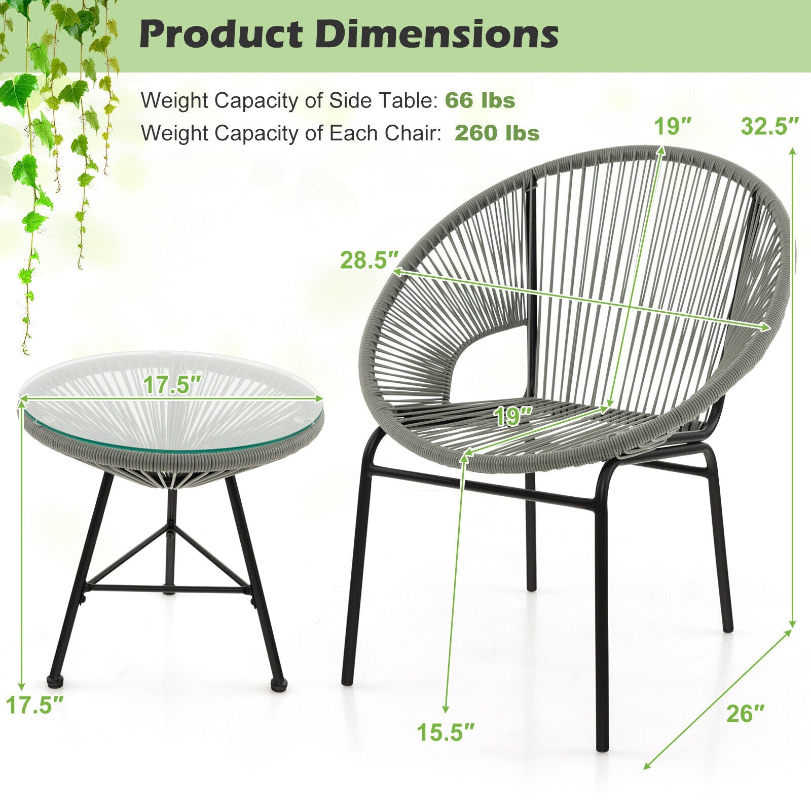 3PCS Patio Acapulco Furniture Bistro Set with GlassTable-Black