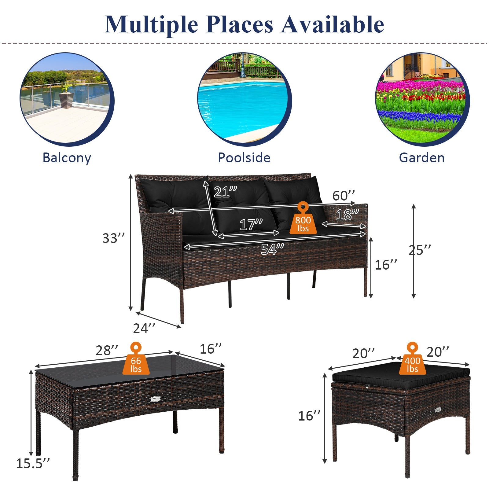 3 Pieces Patio Furniture Sectional Set with 5 Cozy