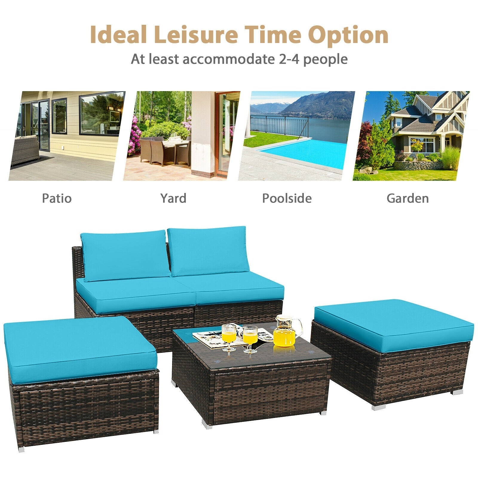 5 Pieces Patio Rattan Furniture Set with Cushioned Armless Sofa