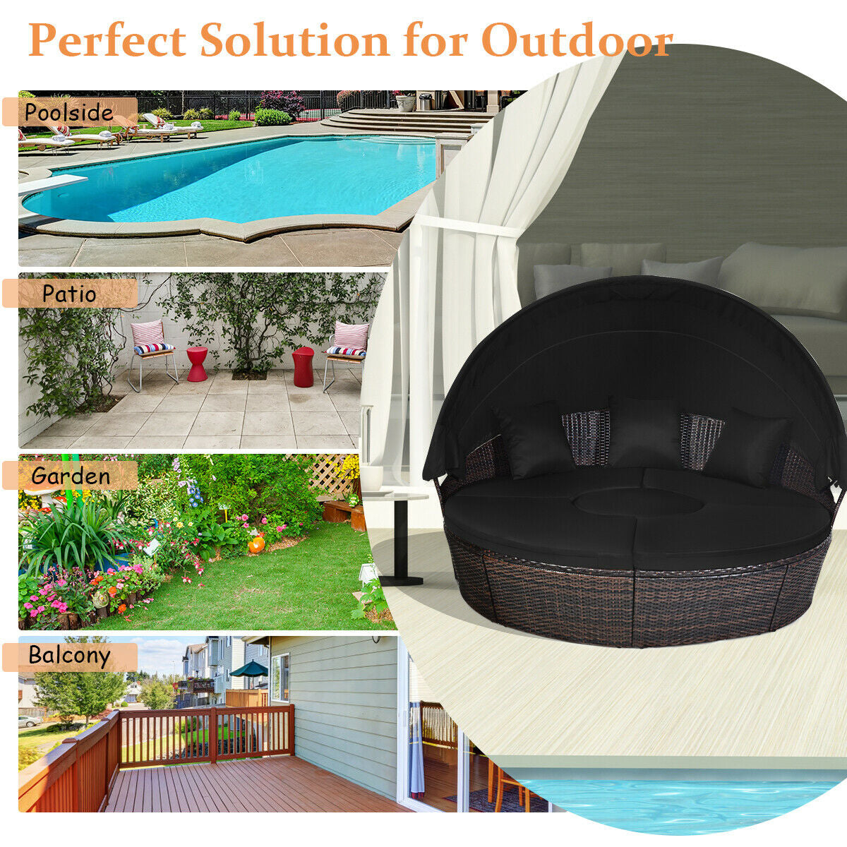Patio Round Daybed Rattan Furniture Sets with Canopy