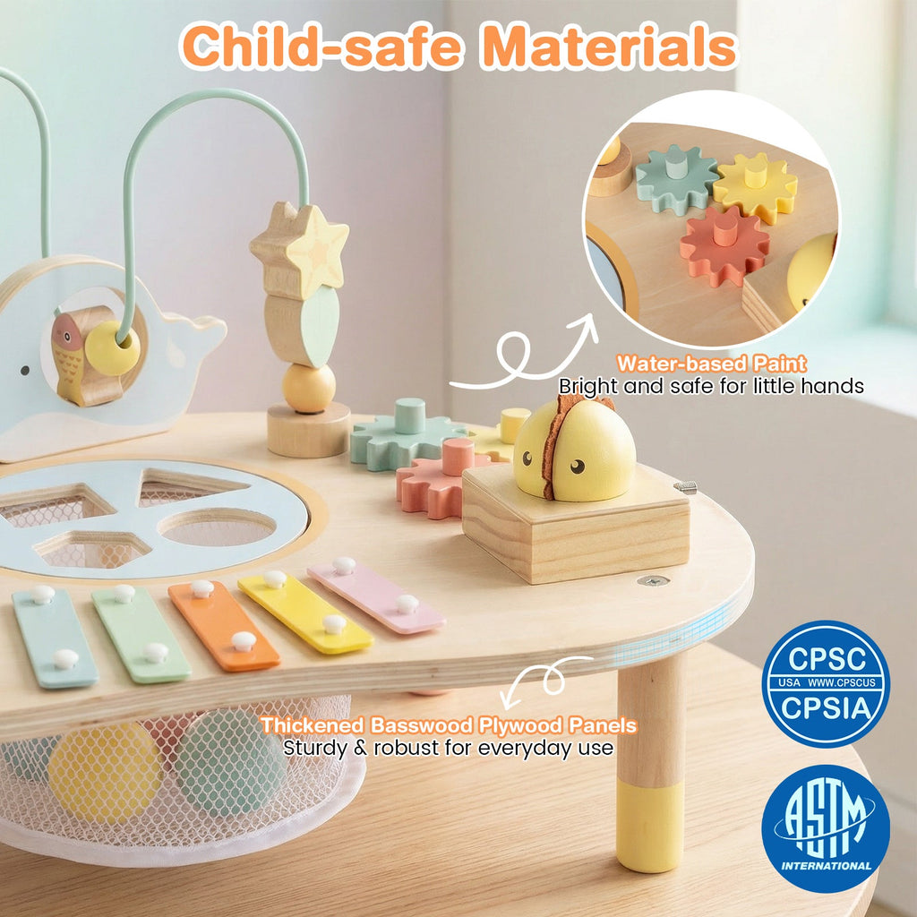 7-in-1 Toddler Activity Table Montessori Sensory Toy for 12 Month+ Wooden Musical Play Table