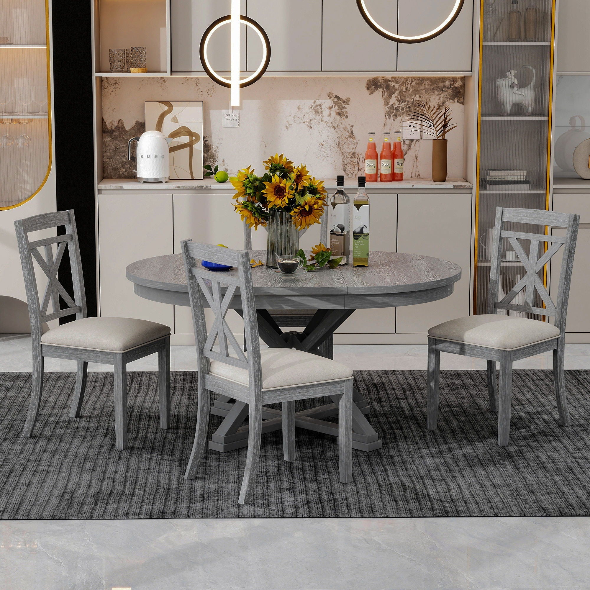 Dining Set With Extendable Round Table And 4 Upholstered Chairs