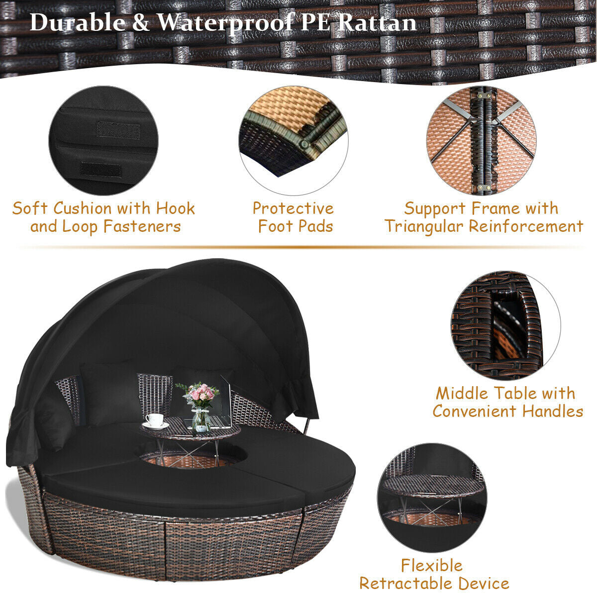 Patio Round Daybed Rattan Furniture Sets with Canopy