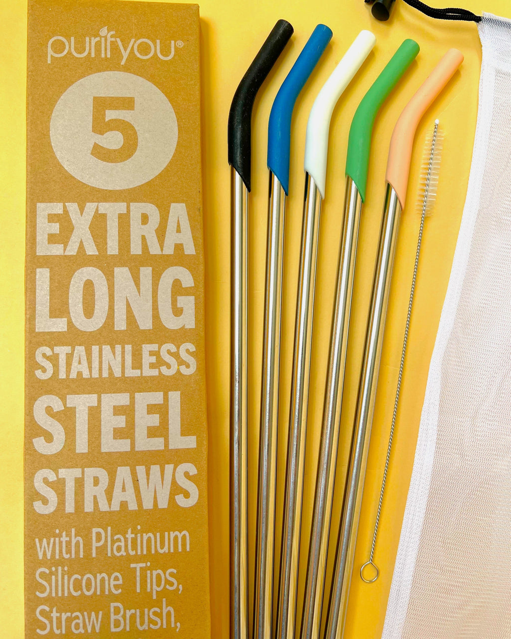 purifyou 14.5" Reusable Stainless Steel Straws with Silicone Tips – Eco-Friendly, Durable, and Travel-Ready