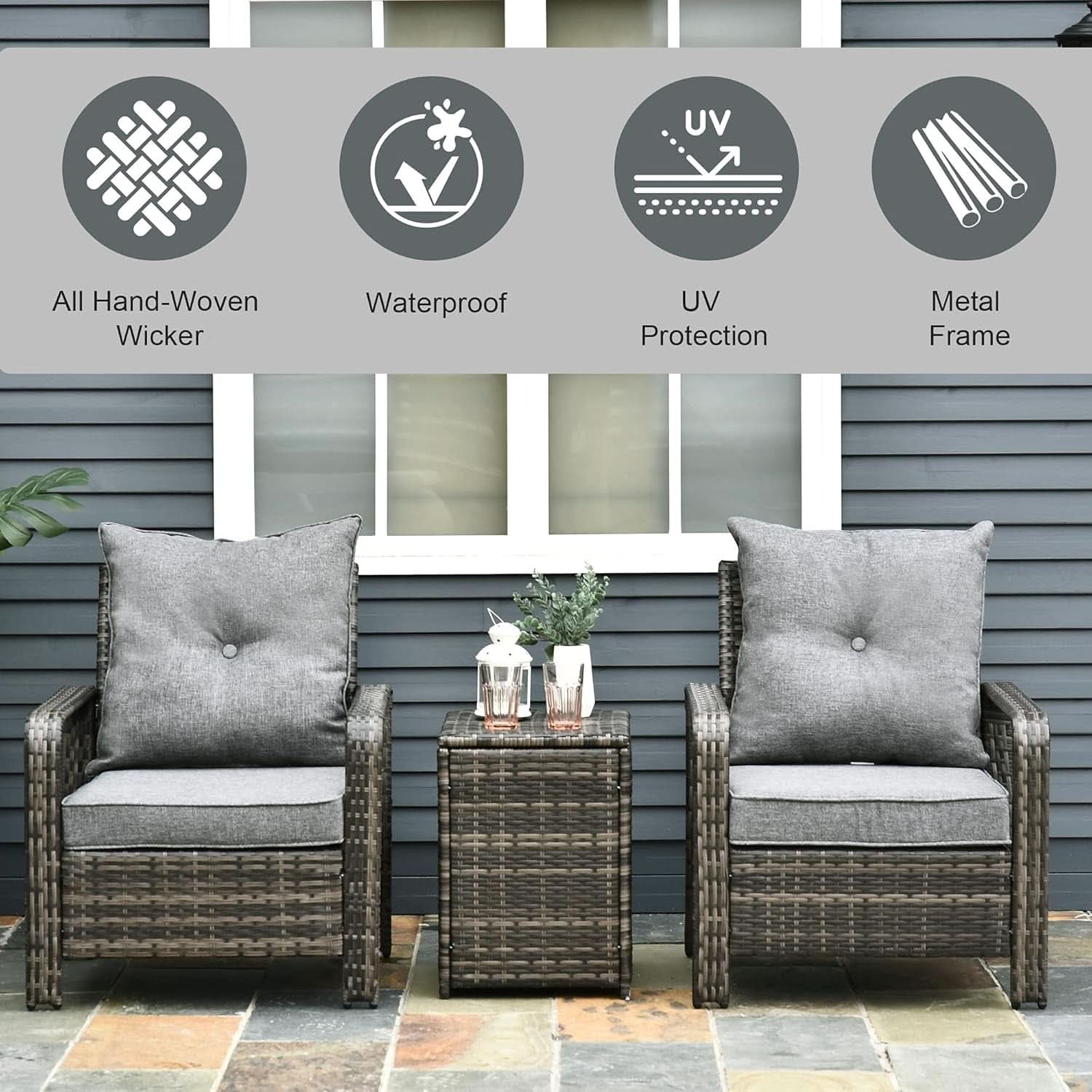 Three Piece Patio Furniture Set with Cushions and Table