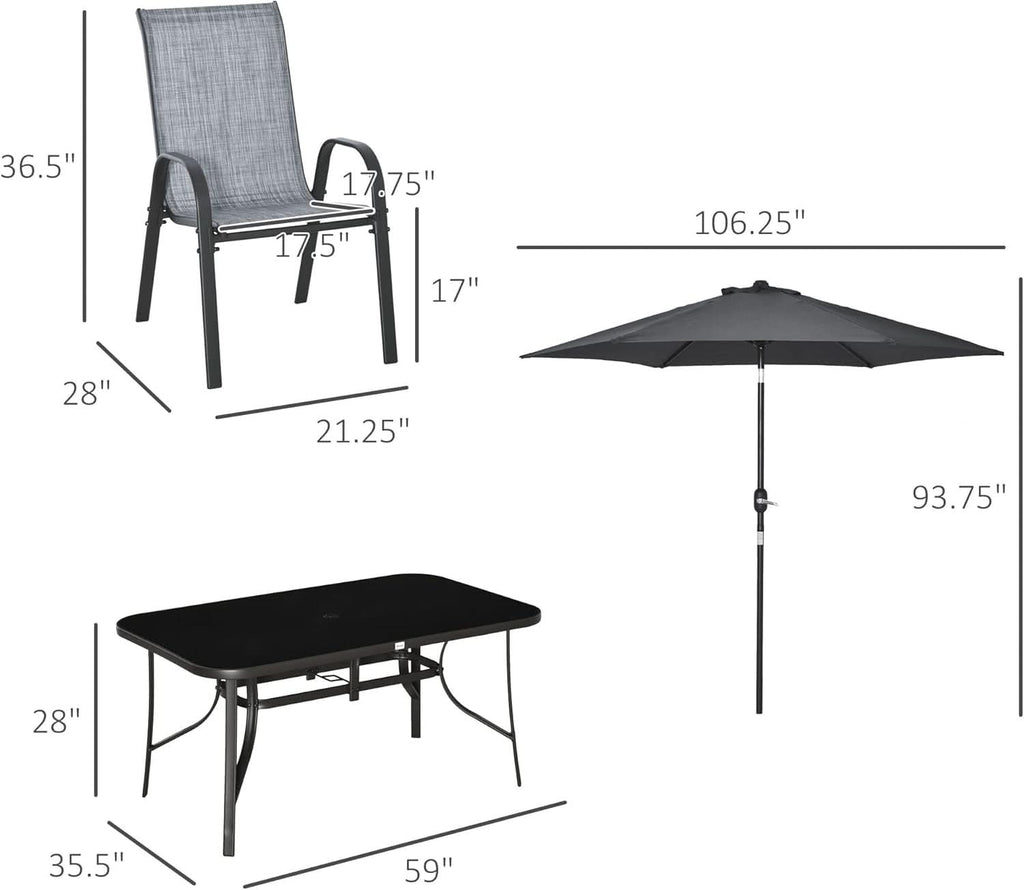 Eight Piece Patio Furniture Set with Umbrella and Chairs
