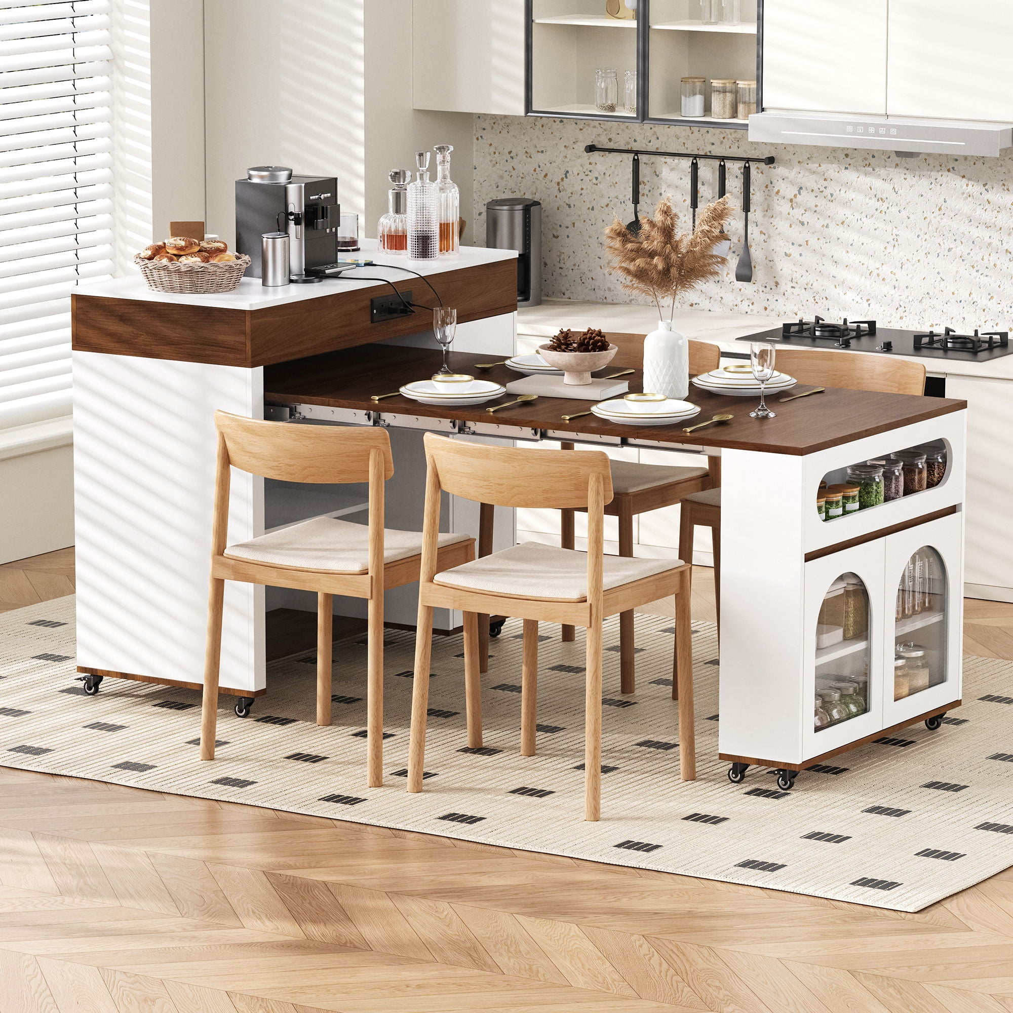 Extendable Dining Table With Folding Top, Rolling Kitchen Island With Drawers And Power Outlet