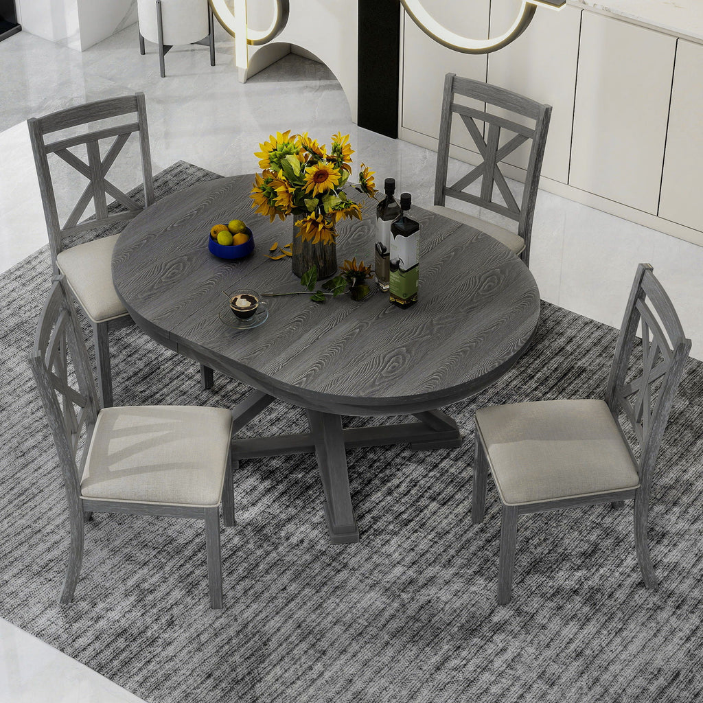 Dining Set With Extendable Round Table And 4 Upholstered Chairs