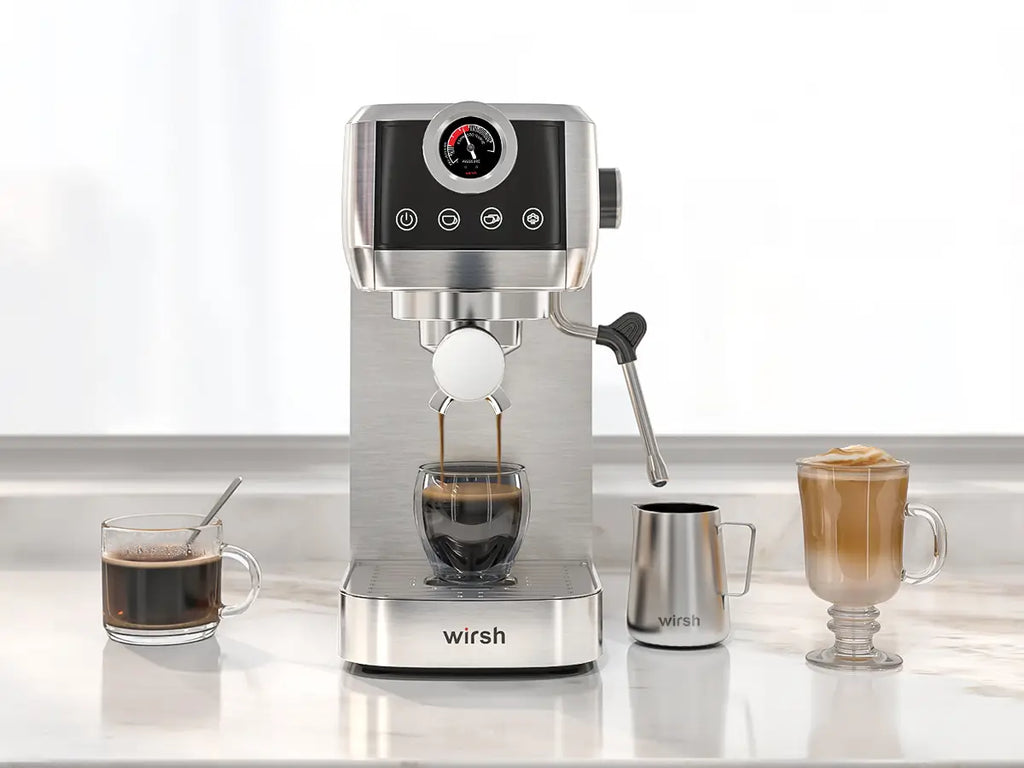 Wirsh 20 Bar Espresso Machine with Plastic Free Portafilter and Steamer, Pressure Gauge, Touch Screen, Full Stainless Steel (Home Barista Plus)